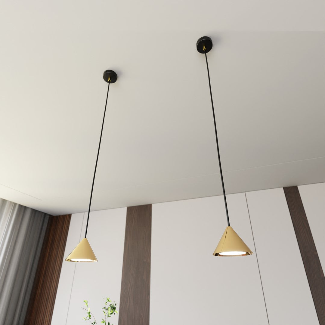 Hanglamp gepoedercoat staal minimalistisch Elit goud met zwart, kegelvormige kap, hoogte 100 cm
