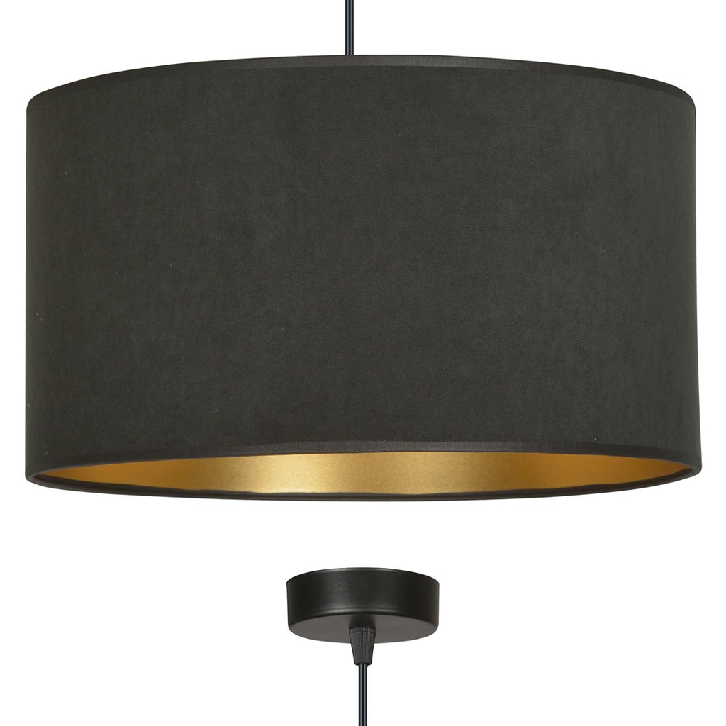 Hanglamp gepoedercoat staal en stof Hilde zwart met gouden binnenkant Ø 35 cm, voor eettafel, woonkamer en hal