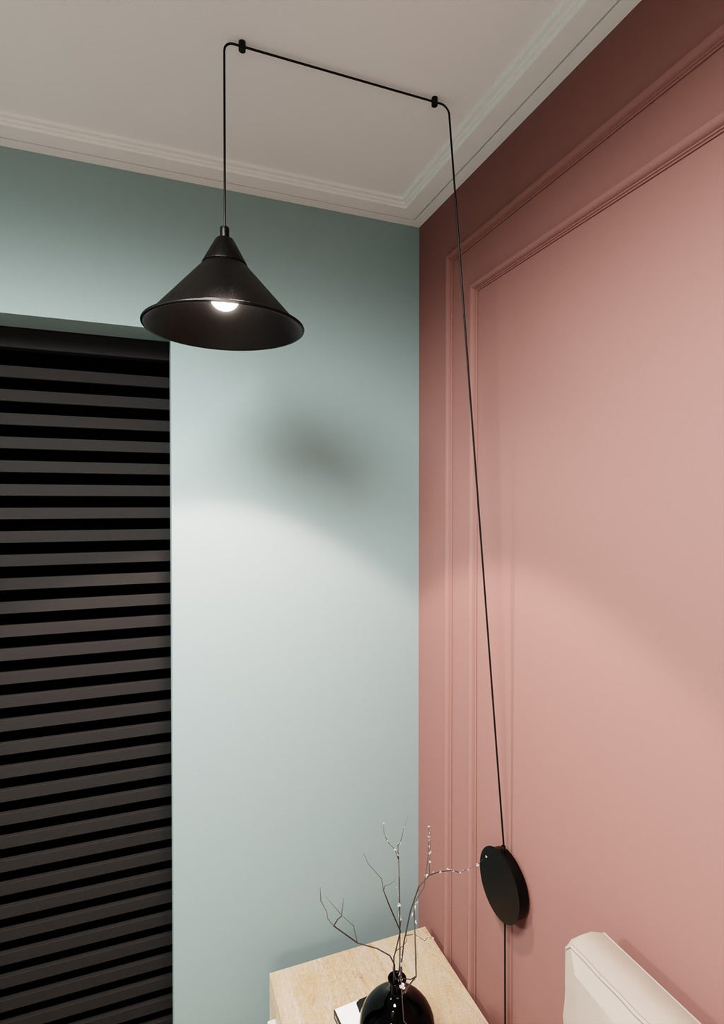 Hanglamp gepoedercoat staal Abramo, scandinavisch, mat zwart, verstelbare hoogte, wandmontage, 1 x E27