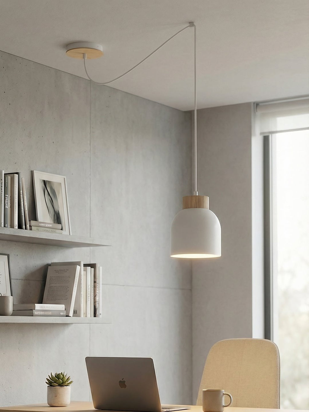 Hanglamp staal en hout Kru, Scandinavisch, wit, 1 fitting E27, met spider-ophanging en verstelbare hoogte