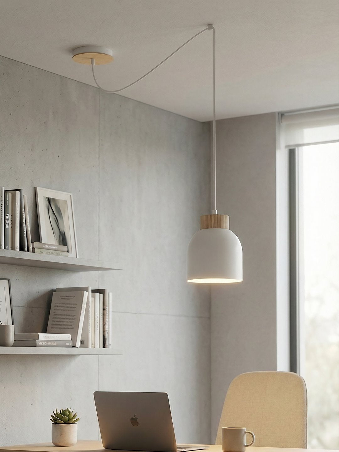 Hanglamp staal en hout Kru, Scandinavisch, wit, 1 fitting E27, met spider-ophanging en verstelbare hoogte