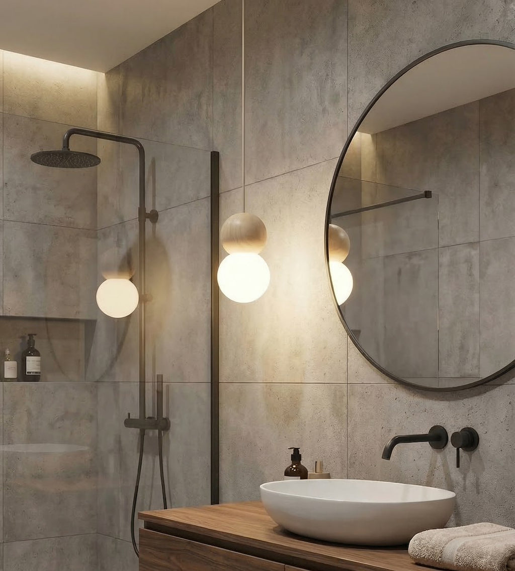 Hanglamp gepoedercoat staal en hout Loop Scandinavisch, beige met witte kap, Ø 10 cm, 1 fitting G9, eettafel of keukeneiland