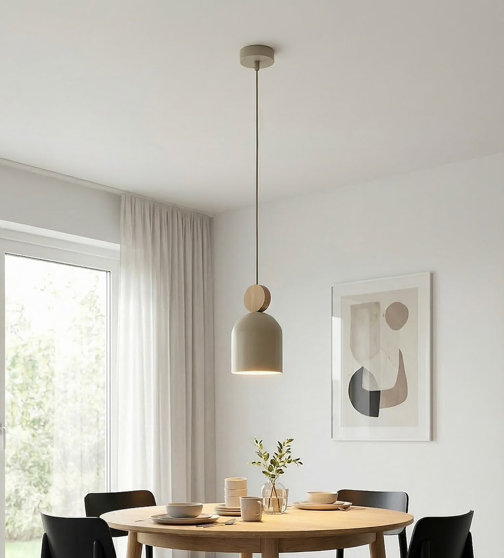 Hanglamp gepoedercoat staal met houten accent Mesi, Scandinavisch, beige, 11 cm, verstelbare hoogte