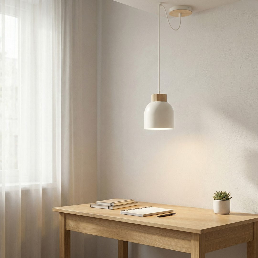 Hanglamp staal en hout Kru, Scandinavisch, wit, 1 fitting E27, met spider-ophanging en verstelbare hoogte