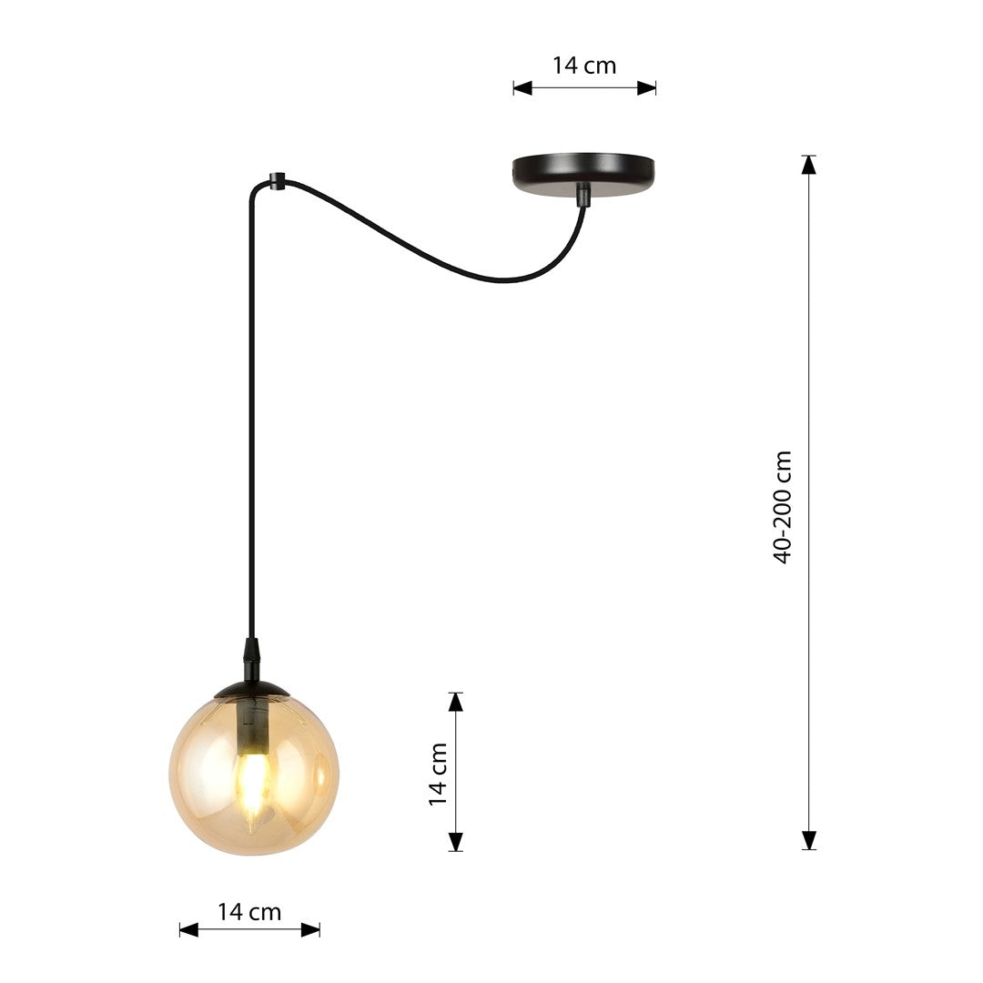 Hanglamp gepoedercoat staal en glas Gigi, modern, amber kap Ø 14 cm, zwart frame, 1 lichtpunt E14