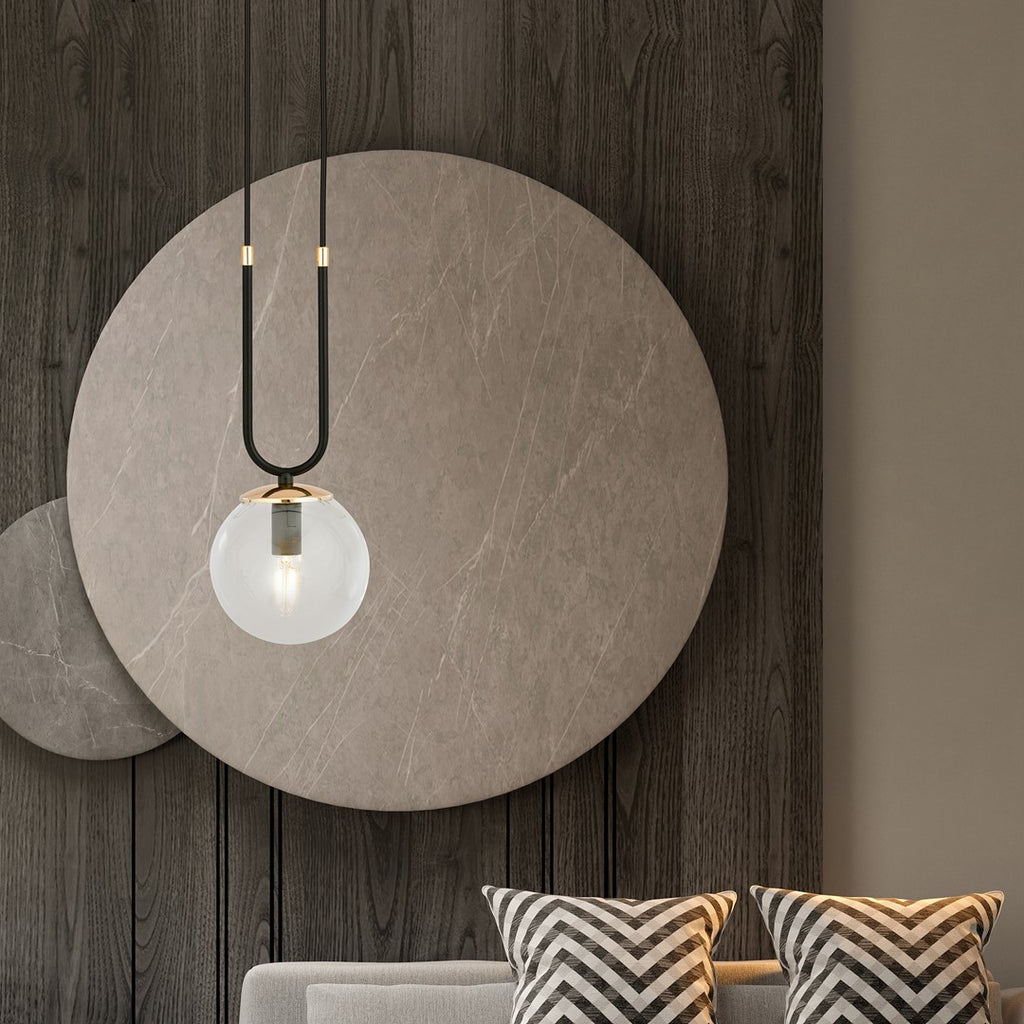 Hanglamp Glam gepoedercoat staal en glas, retro, zwart met transparante glazen kap Ø 14 cm, E14