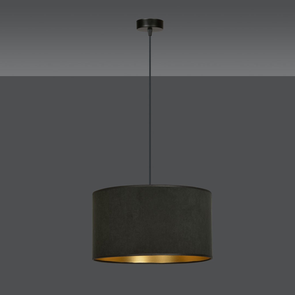 Hanglamp gepoedercoat staal en stof Hilde zwart met gouden binnenkant Ø 35 cm, voor eettafel, woonkamer en hal