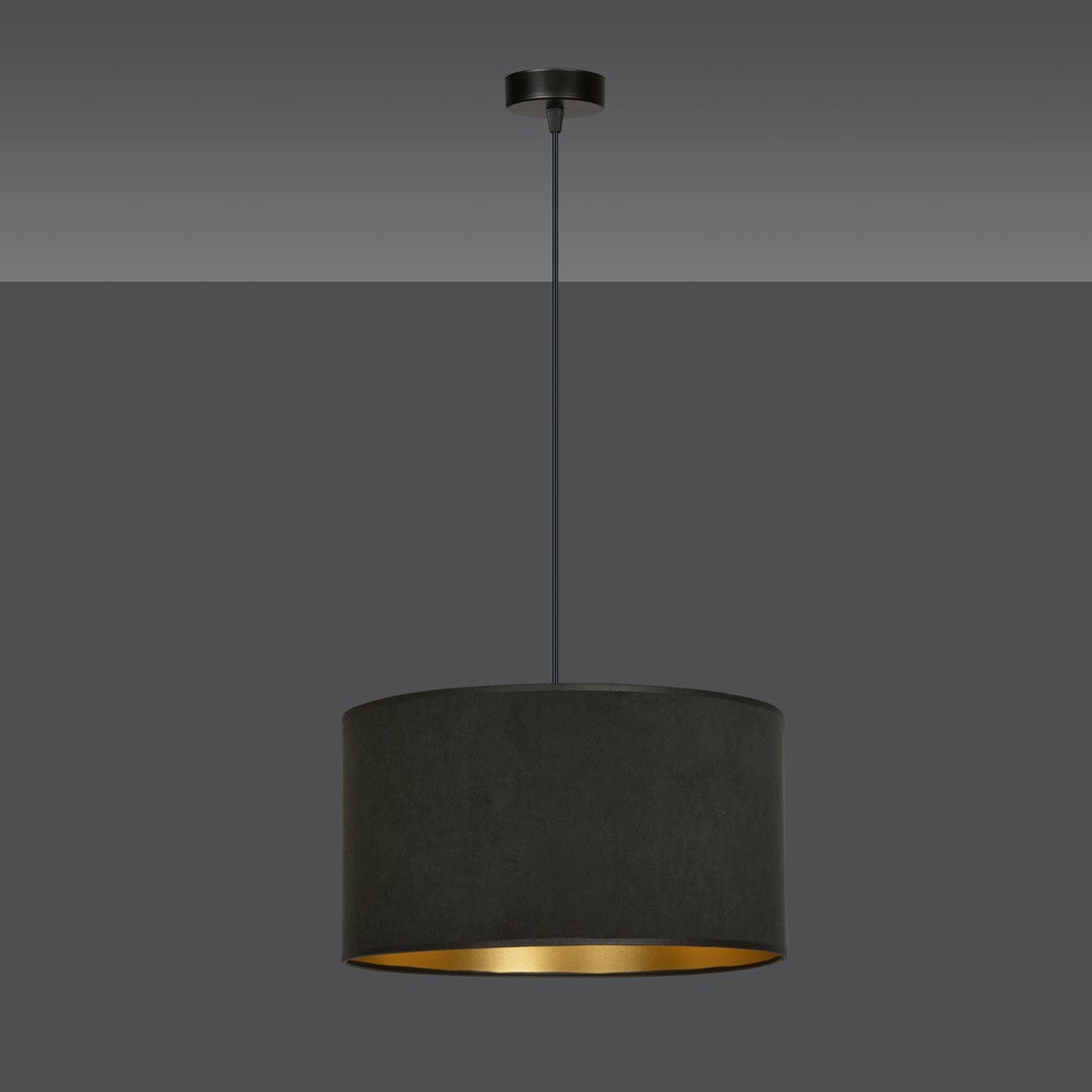 Hanglamp gepoedercoat staal en stof Hilde zwart met gouden binnenkant Ø 35 cm, voor eettafel, woonkamer en hal