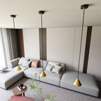 Hanglamp gepoedercoat staal minimalistisch Elit goud met zwart, kegelvormige kap, hoogte 100 cm