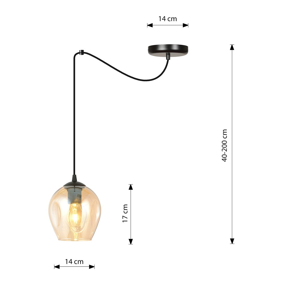 Hanglamp spin-stijl gepoedercoat staal en glas, modern, amber kap Ø 14 cm, zwart, 1 lichtpunt E27