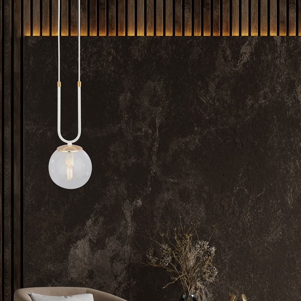 Hanglamp gepoedercoat staal en glas Glam wit met transparante glazen kap Ø 14 cm, hoogte 115 cm, E14