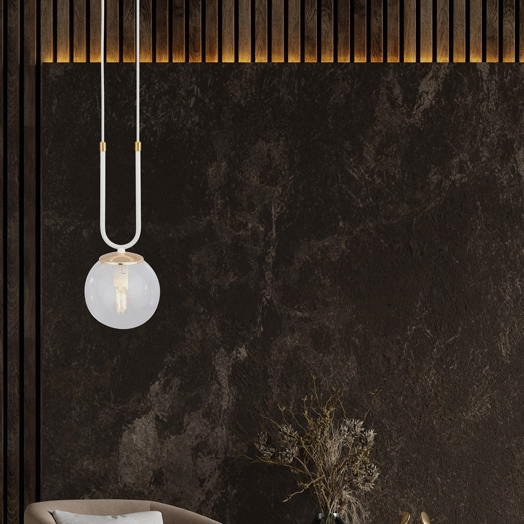 Hanglamp gepoedercoat staal en glas Glam wit met transparante glazen kap Ø 14 cm, hoogte 115 cm, E14