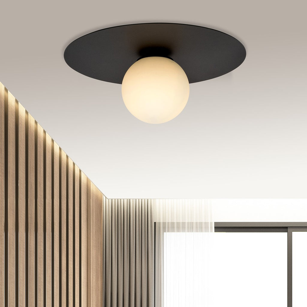 Plafondlamp opbouw gepoedercoat staal en glas, minimalistisch zwart met witte glazen kap, Ø 30 cm