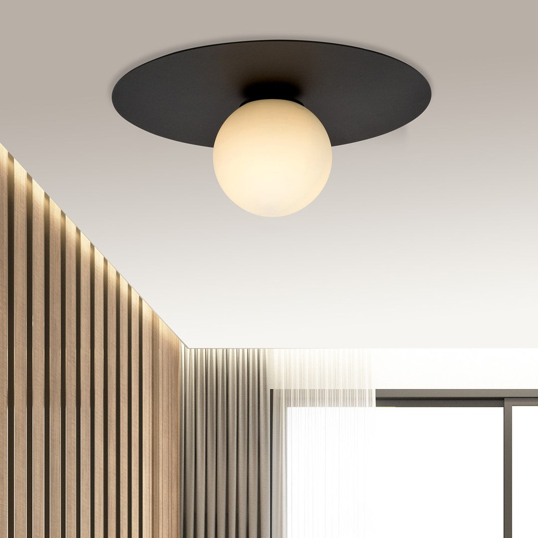Plafondlamp opbouw gepoedercoat staal en glas, minimalistisch zwart met witte glazen kap, Ø 30 cm