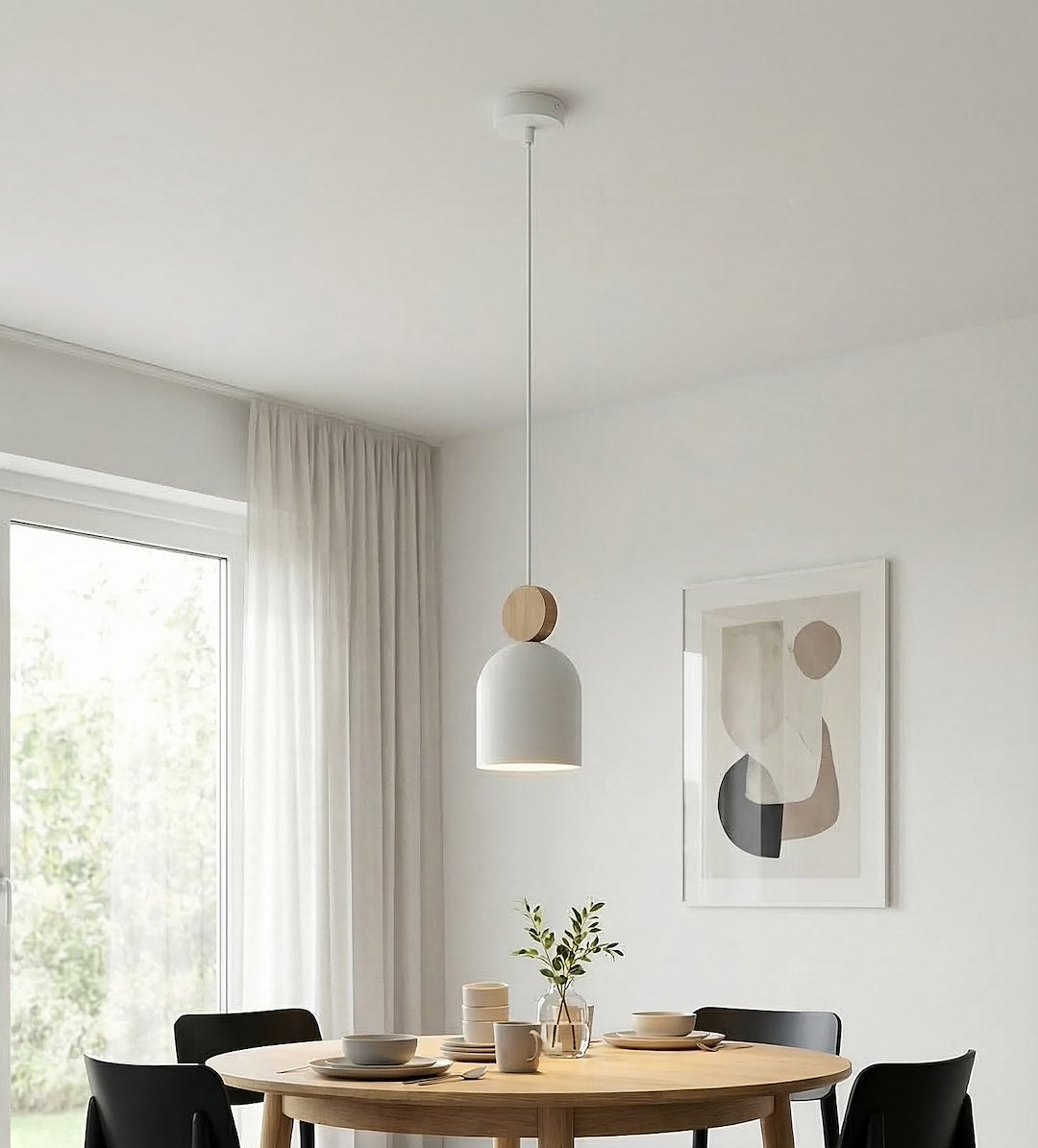 Hanglamp gepoedercoat staal en hout Scandinavisch Mesi wit, Ø 11 cm, voor keuken, gang en slaapkamer