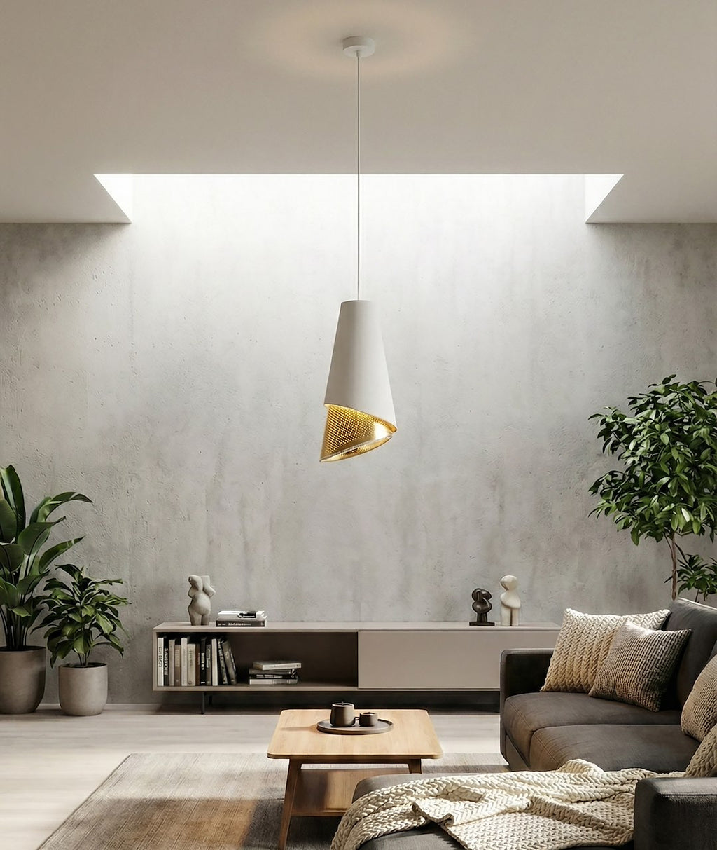 Hanglamp gepoedercoat staal met stoffen kap, modern, wit en goud, Ø 20 cm, 1 lichtpunt, E27, woonkamer en eetkamer
