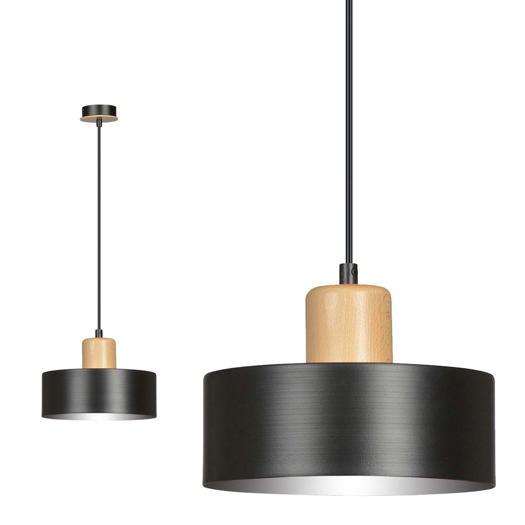 Hanglamp gepoedercoat staal en hout Torin zwart 25 cm, verstelbare hoogte, boven eettafel of kookeiland