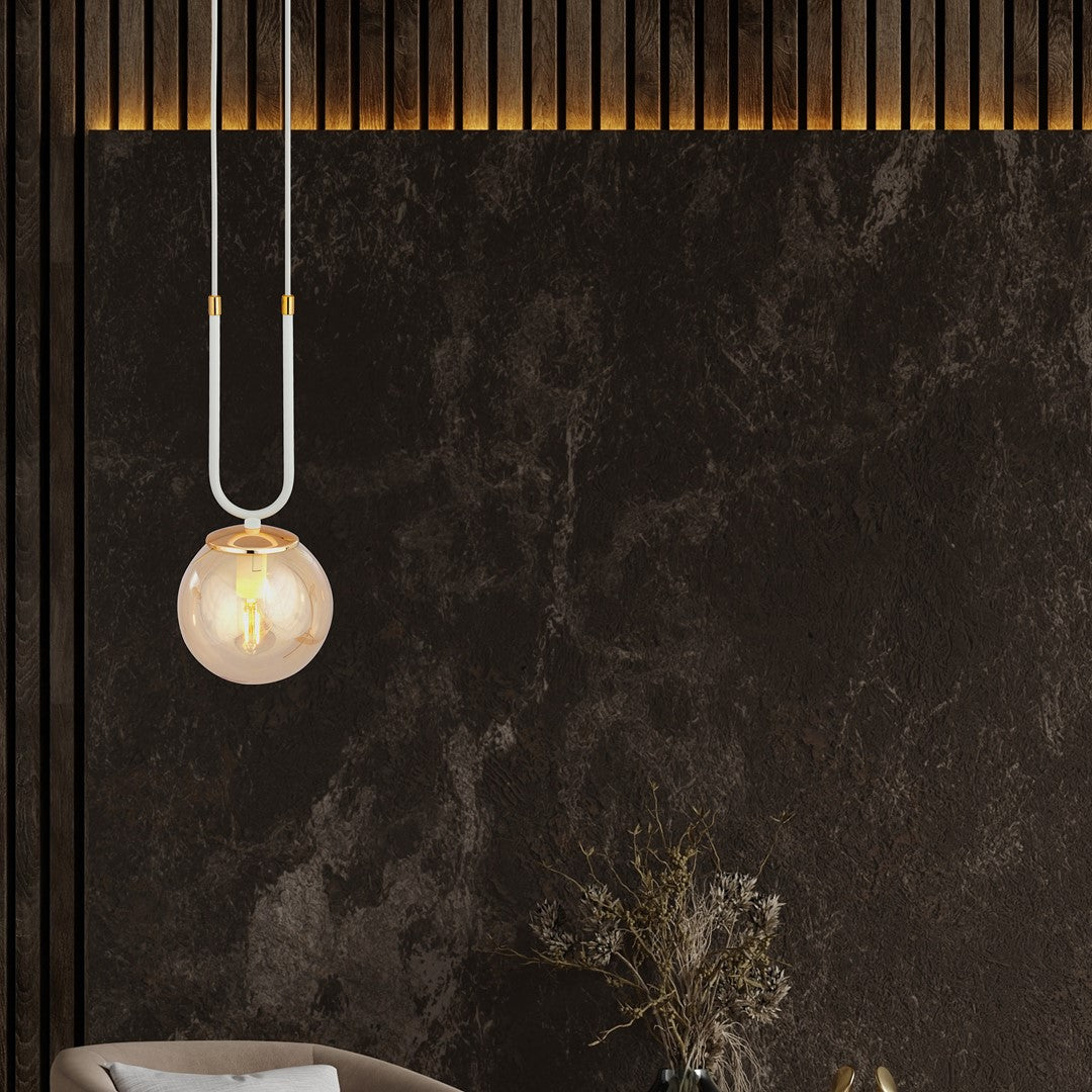 Hanglamp gepoedercoat staal en glas Glam retro, wit met amberkleurige glazen kap Ø 14 cm, 1 lichtpunt E14