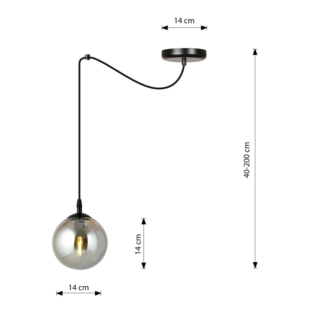 Hanglamp gepoedercoat staal en glas Gigi, zwart met grafiet glazen kap Ø 14 cm, hoogte verstelbaar, E14