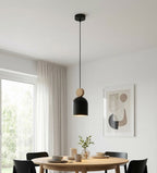 Hanglamp gepoedercoat staal en hout, Scandinavisch model Mesi, zwart, 11 cm, verstelbare hoogte