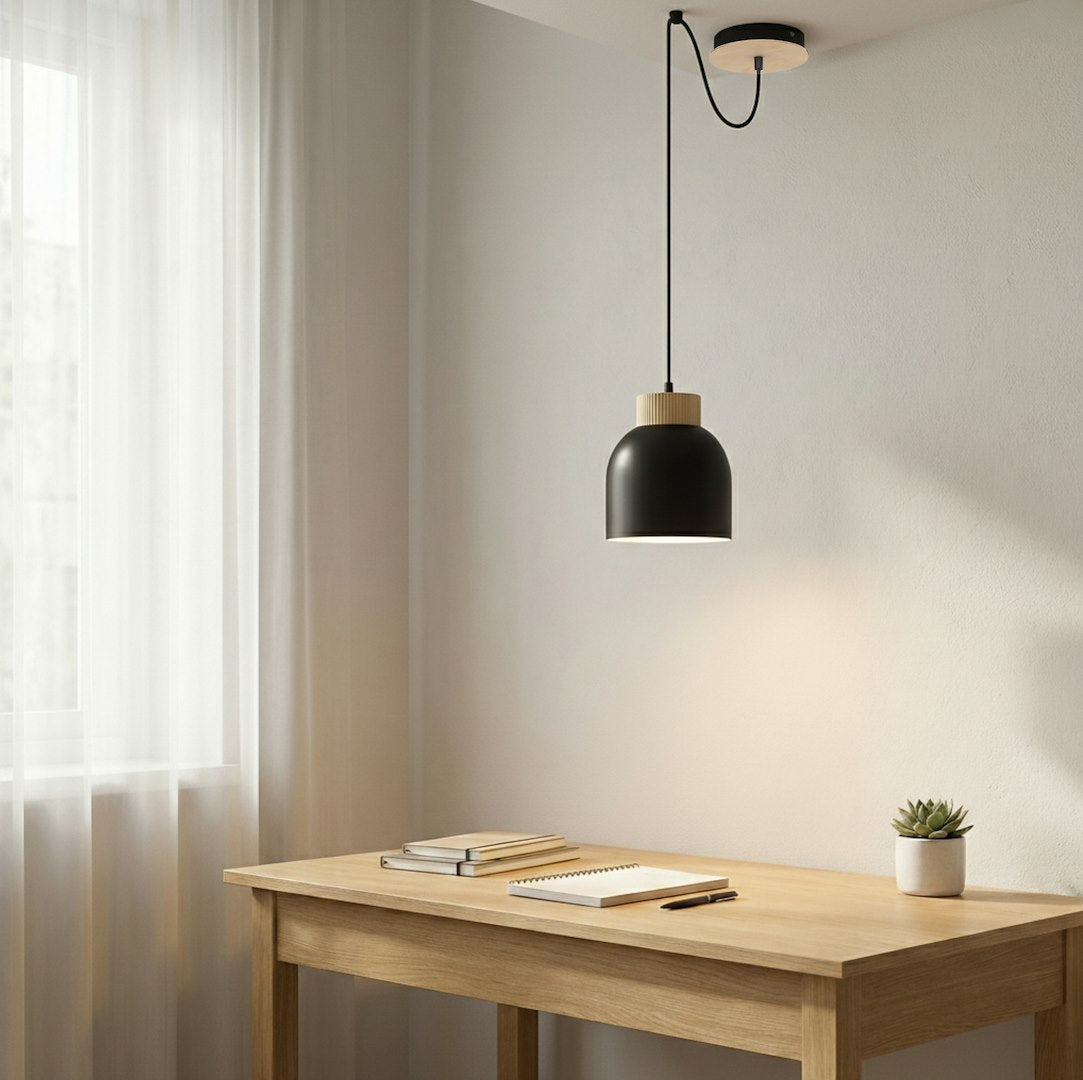 Hanglamp staal en hout Scandinavisch Kru zwart, 1 lichts met spinnen-ophanging en E27-fitting