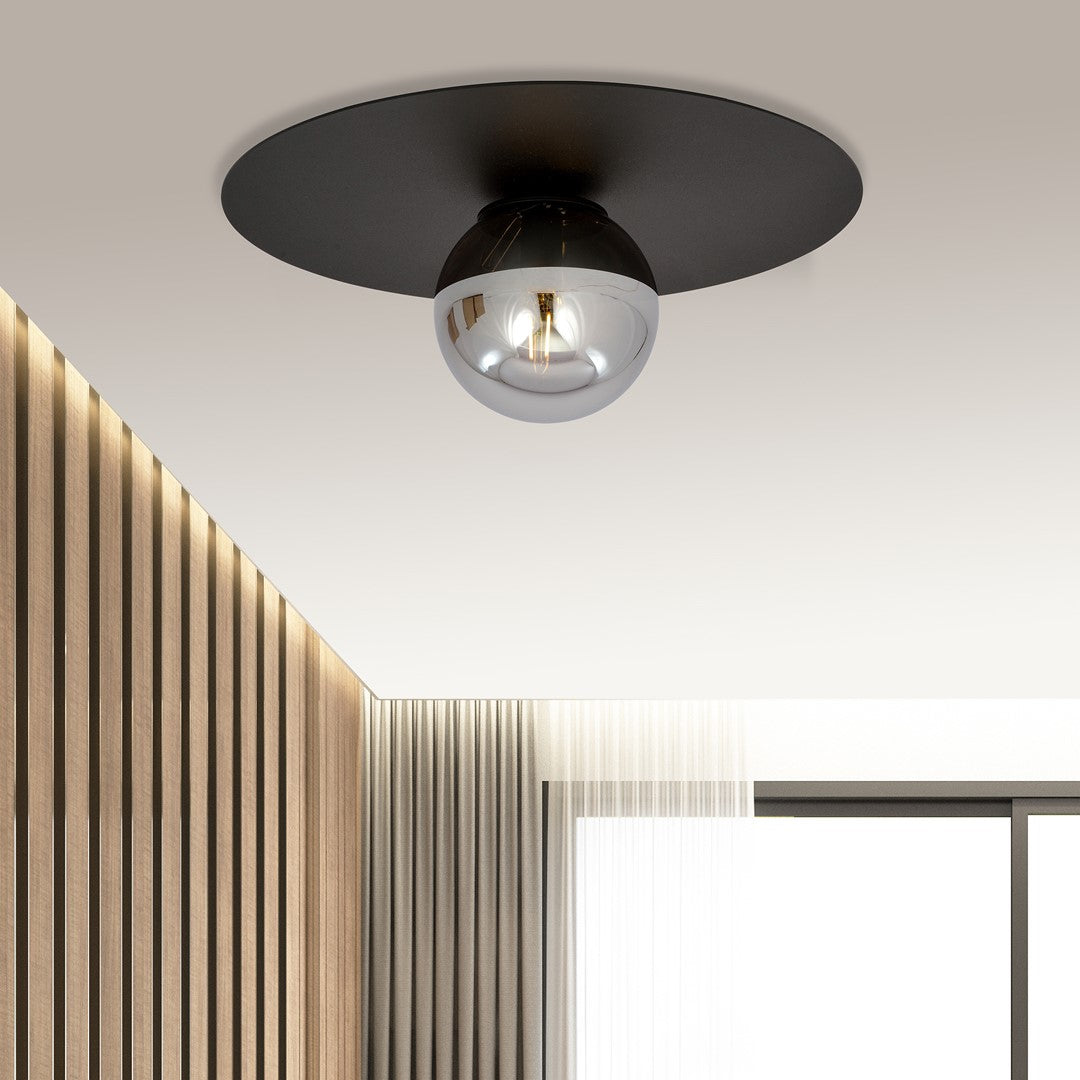 Plafondlamp gepoedercoat staal en glas Solar, zwart met grafiet glaskap, Ø 43 cm, E14, woonkamer, hal en kantoor