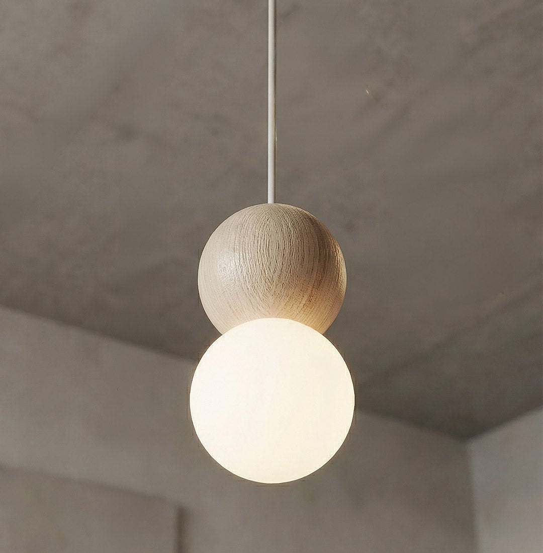 Hanglamp gepoedercoat staal en hout Loop Scandinavisch, beige met witte kap, Ø 10 cm, 1 fitting G9, eettafel of keukeneiland