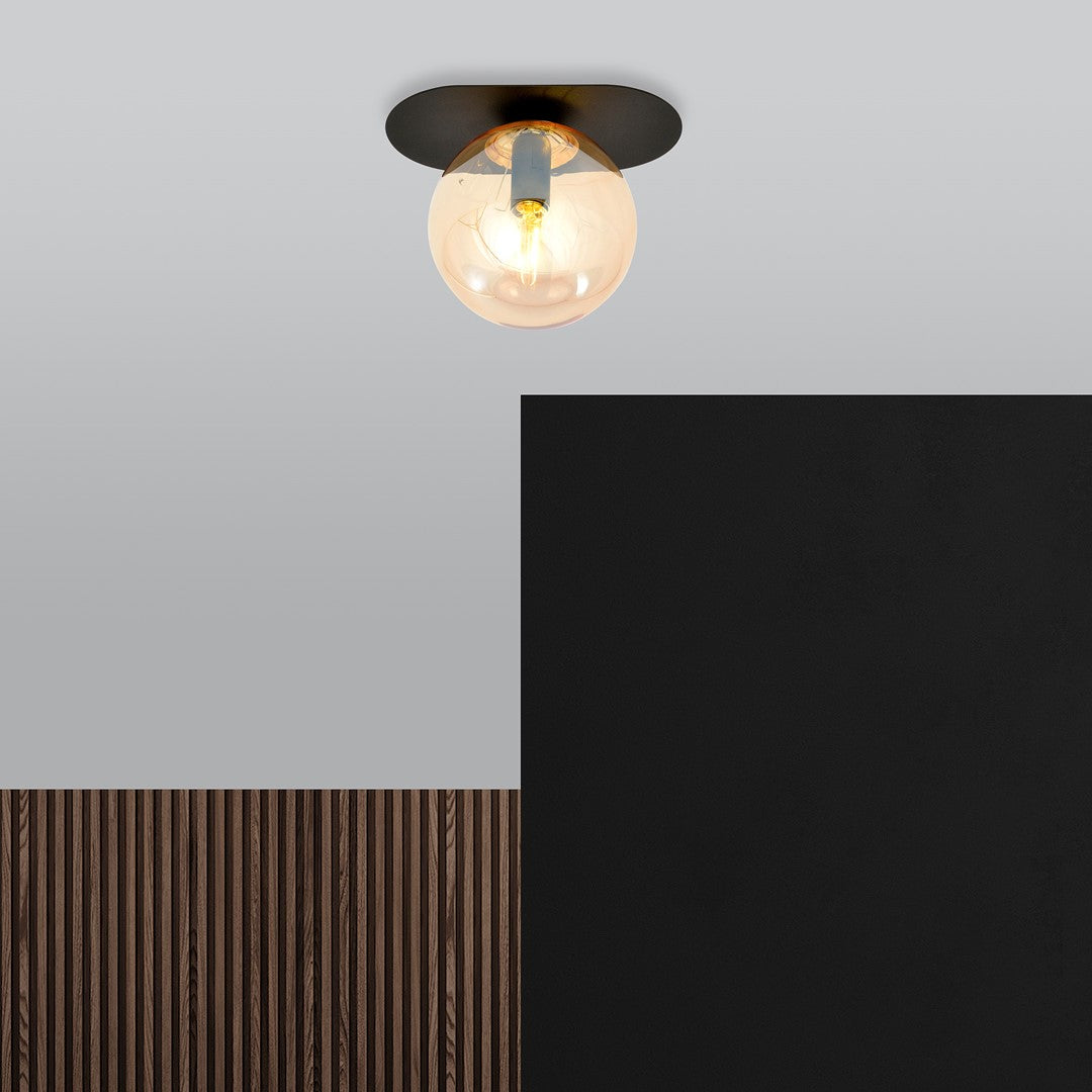 Plafondlamp Plaza gepoedercoat staal en glas, modern, zwart met amberkleurig glas Ø 14 cm, 1 x E14