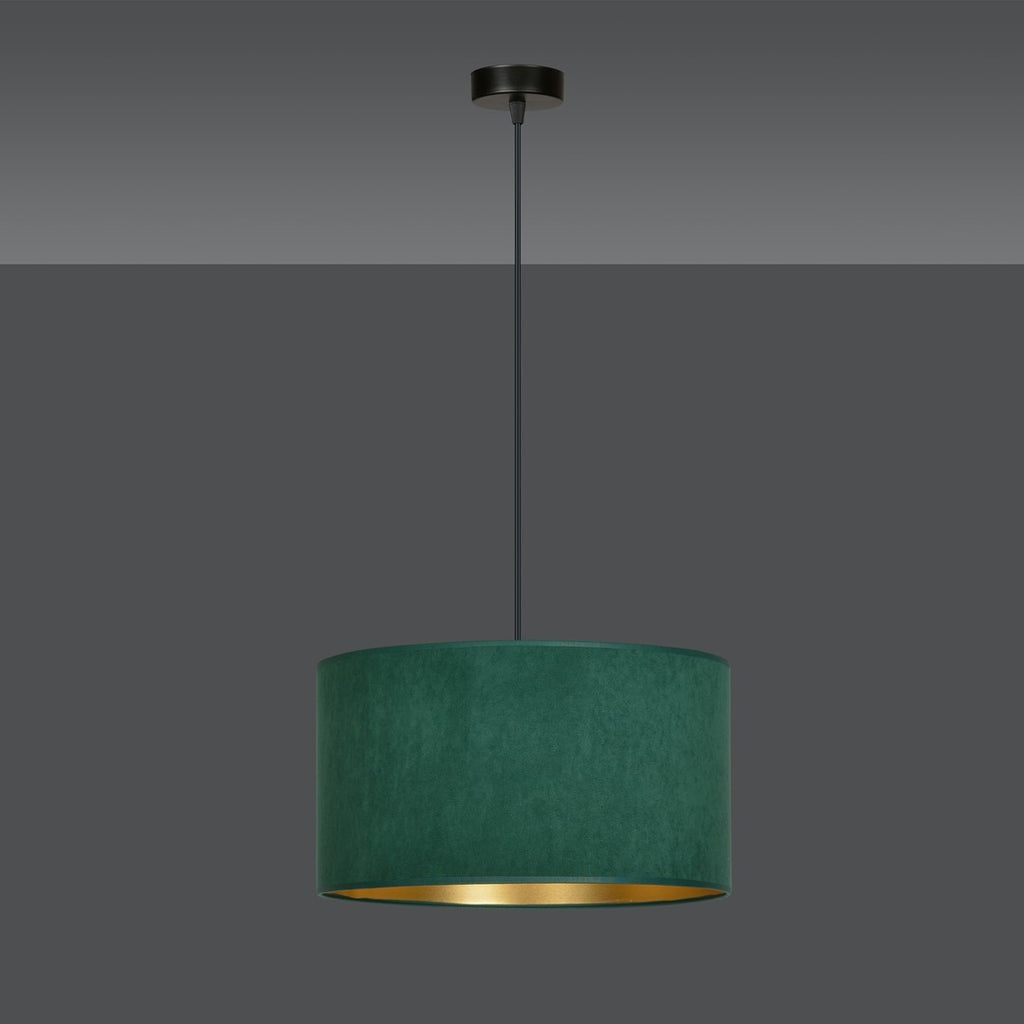 Hanglamp stof en gepoedercoat staal Hilde, groen met gouden binnenkant, Ø 35 cm, 1 lichtpunt, eettafel en woonkamer