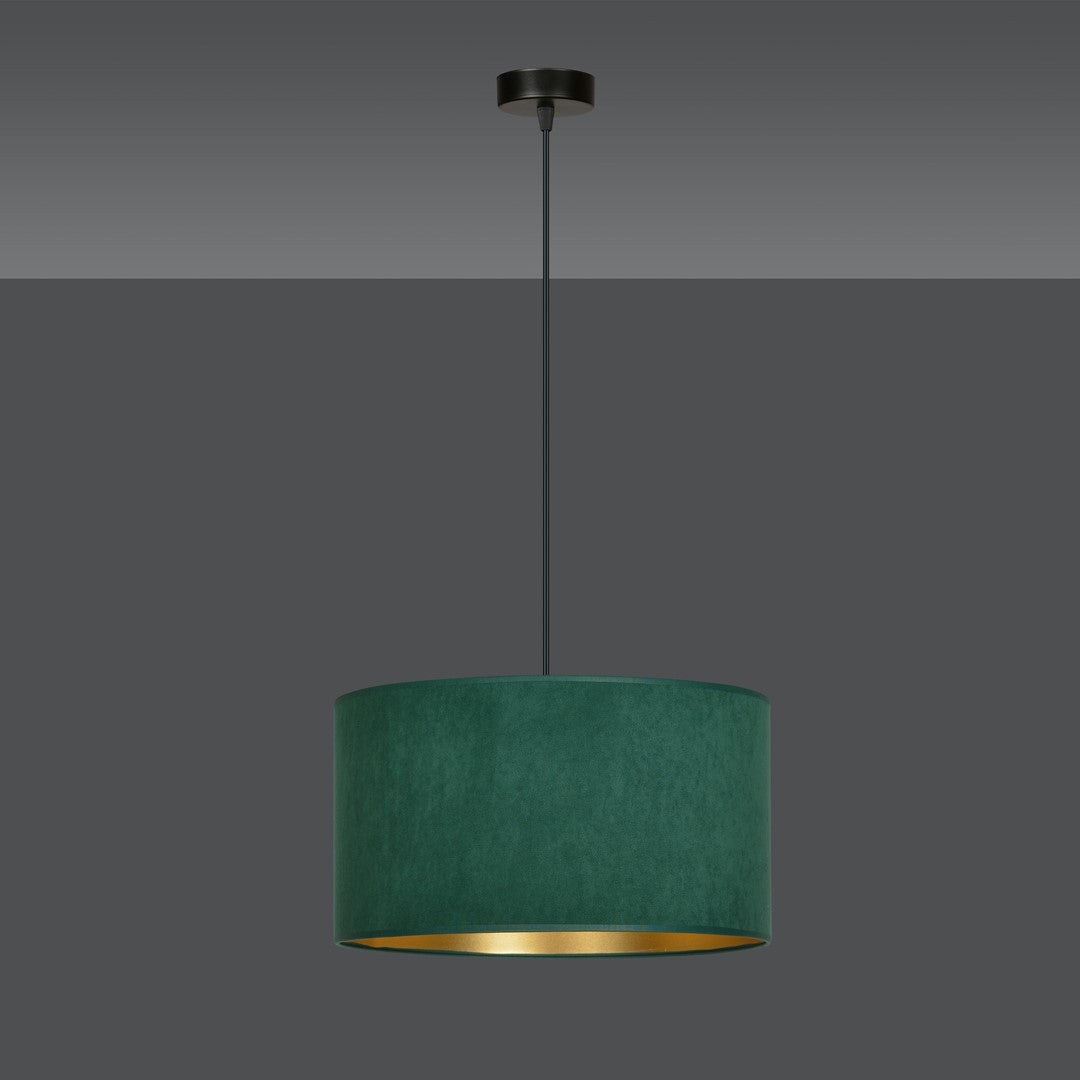 Hanglamp stof en gepoedercoat staal Hilde, groen met gouden binnenkant, Ø 35 cm, 1 lichtpunt, eettafel en woonkamer
