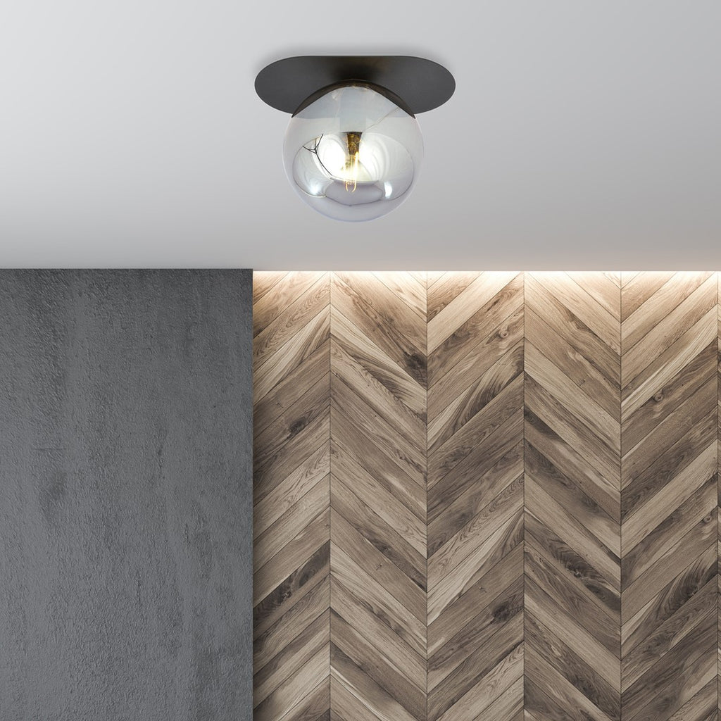 Plafondlamp gepoedercoat staal en glas Plaza modern, zwart met grafiet glazen kap Ø 14 cm, E14