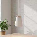 Hanglamp gepoedercoat staal en hout Bolero, Scandinavisch wit, 14 x 100 cm, 1 fitting E27, voor woonkamer en slaapkamer