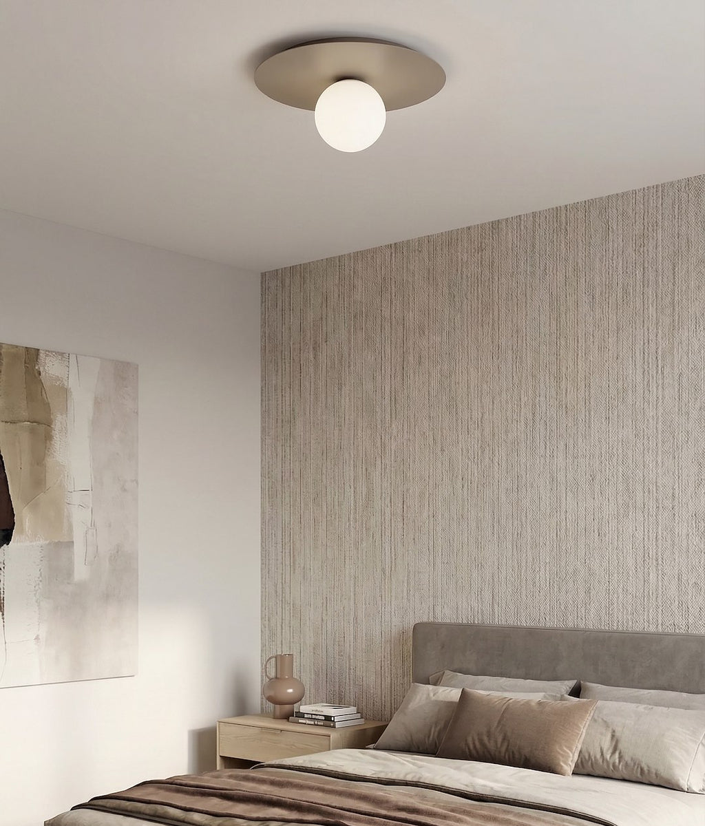 Plafondlamp gepoedercoat staal en glas Solar, beige met witte glazen kap, Ø 43 cm, 1 lichtpunt, E14
