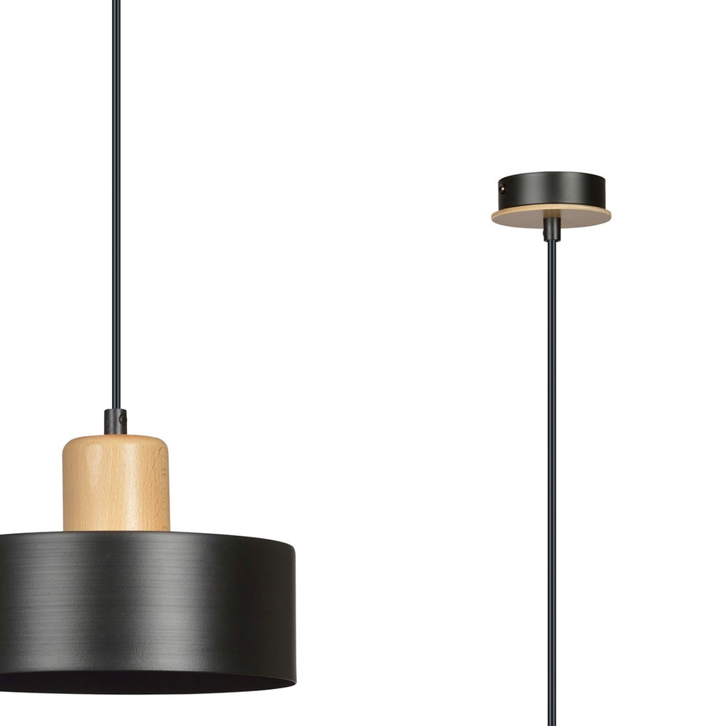 Hanglamp gepoedercoat staal en hout Torin zwart 25 cm, verstelbare hoogte, boven eettafel of kookeiland