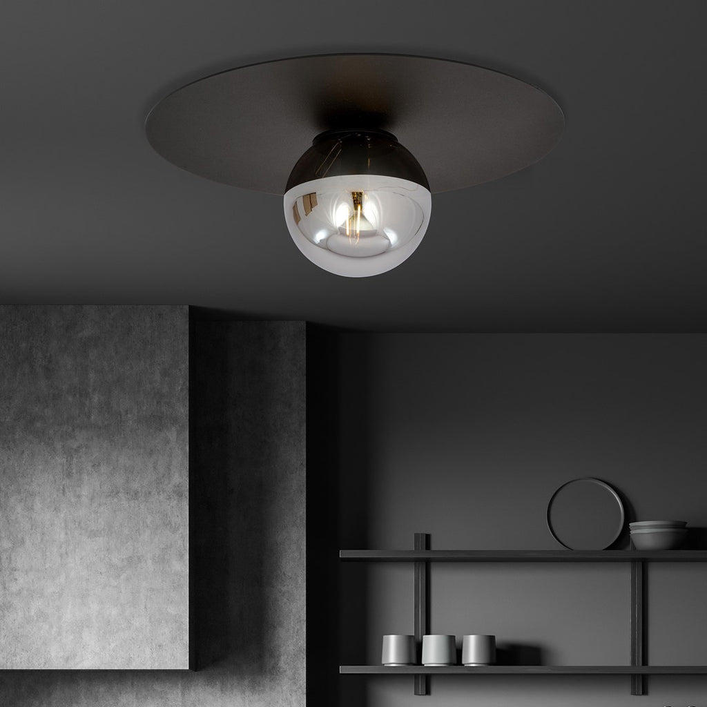 Plafondlamp gepoedercoat staal en glas Solar, zwart met grafiet glaskap, Ø 43 cm, E14, woonkamer, hal en kantoor