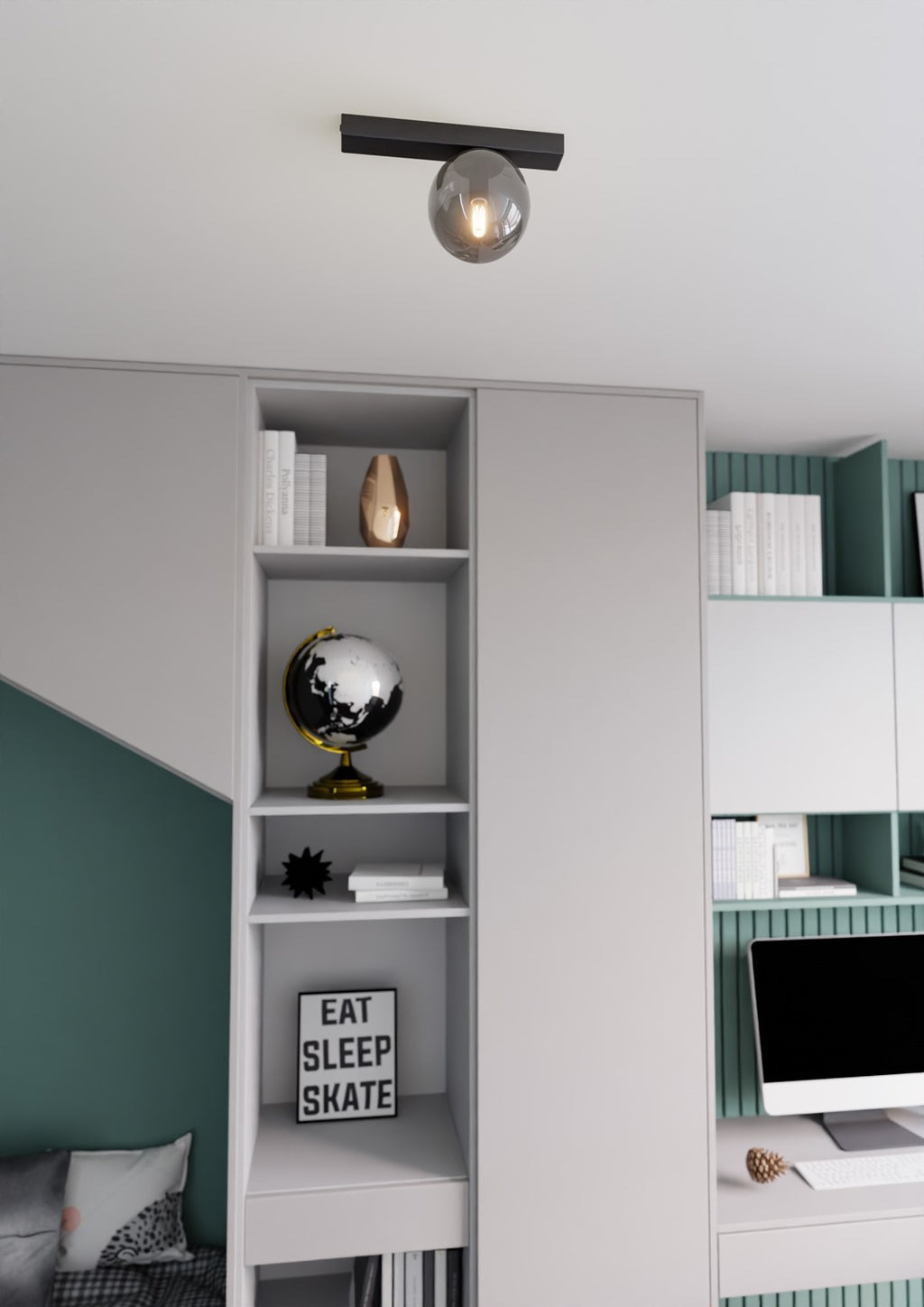 Plafondlamp gepoedercoat staal en glas, minimalistisch Fit zwart met grafiet glazen kap Ø 14 cm