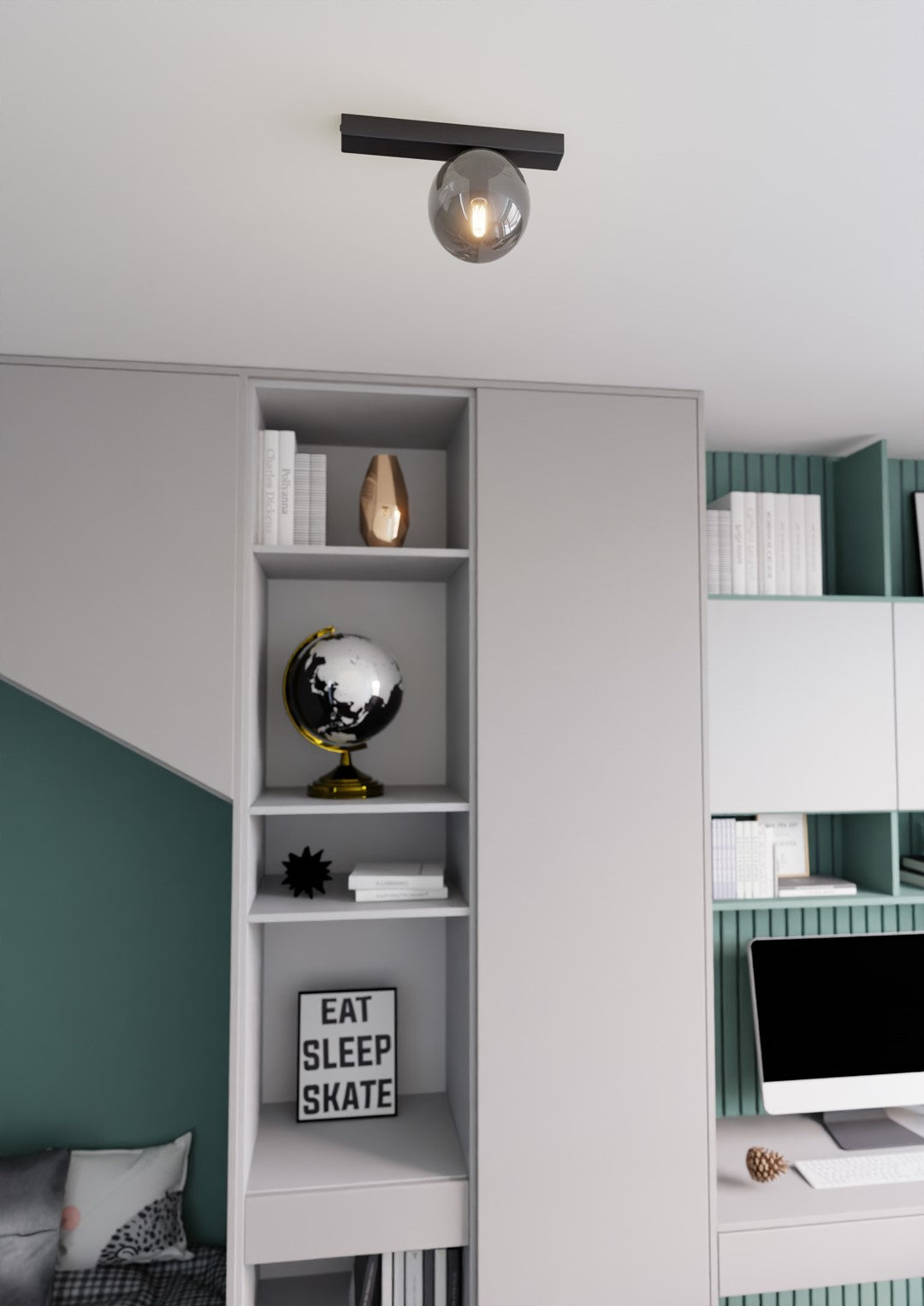 Plafondlamp gepoedercoat staal en glas, minimalistisch Fit zwart met grafiet glazen kap Ø 14 cm