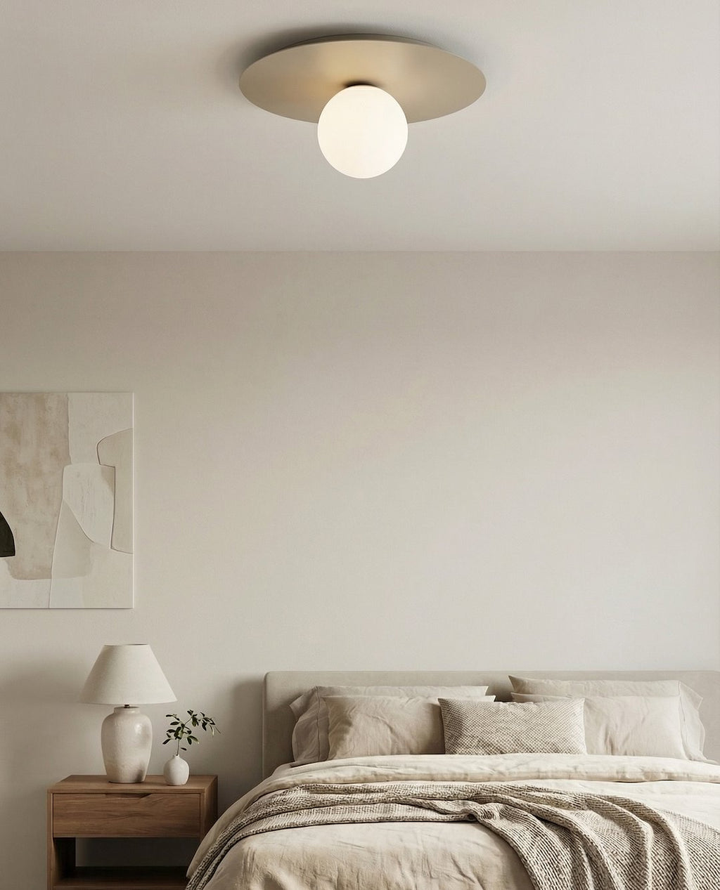 Plafondlamp gepoedercoat staal en glas Solar, beige met witte glazen kap, Ø 43 cm, 1 lichtpunt, E14