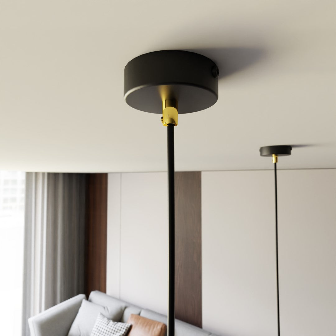 Hanglamp gepoedercoat staal minimalistisch Elit goud met zwart, kegelvormige kap, hoogte 100 cm