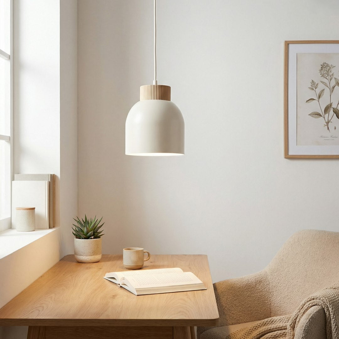 Hanglamp staal en hout Kru, Scandinavisch, wit, 1 fitting E27, met spider-ophanging en verstelbare hoogte
