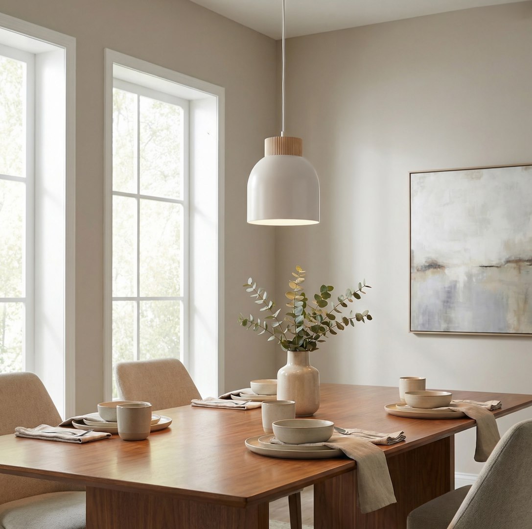 Hanglamp gepoedercoat staal Scandinavisch Vigo wit met houten accent, Ø 18 cm – eettafel en kookeiland