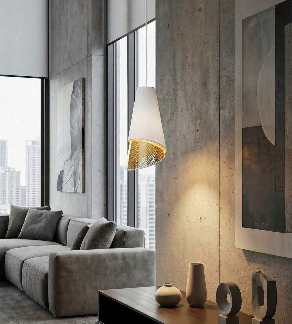 Hanglamp gepoedercoat staal met stoffen kap, modern, wit en goud, Ø 20 cm, 1 lichtpunt, E27, woonkamer en eetkamer