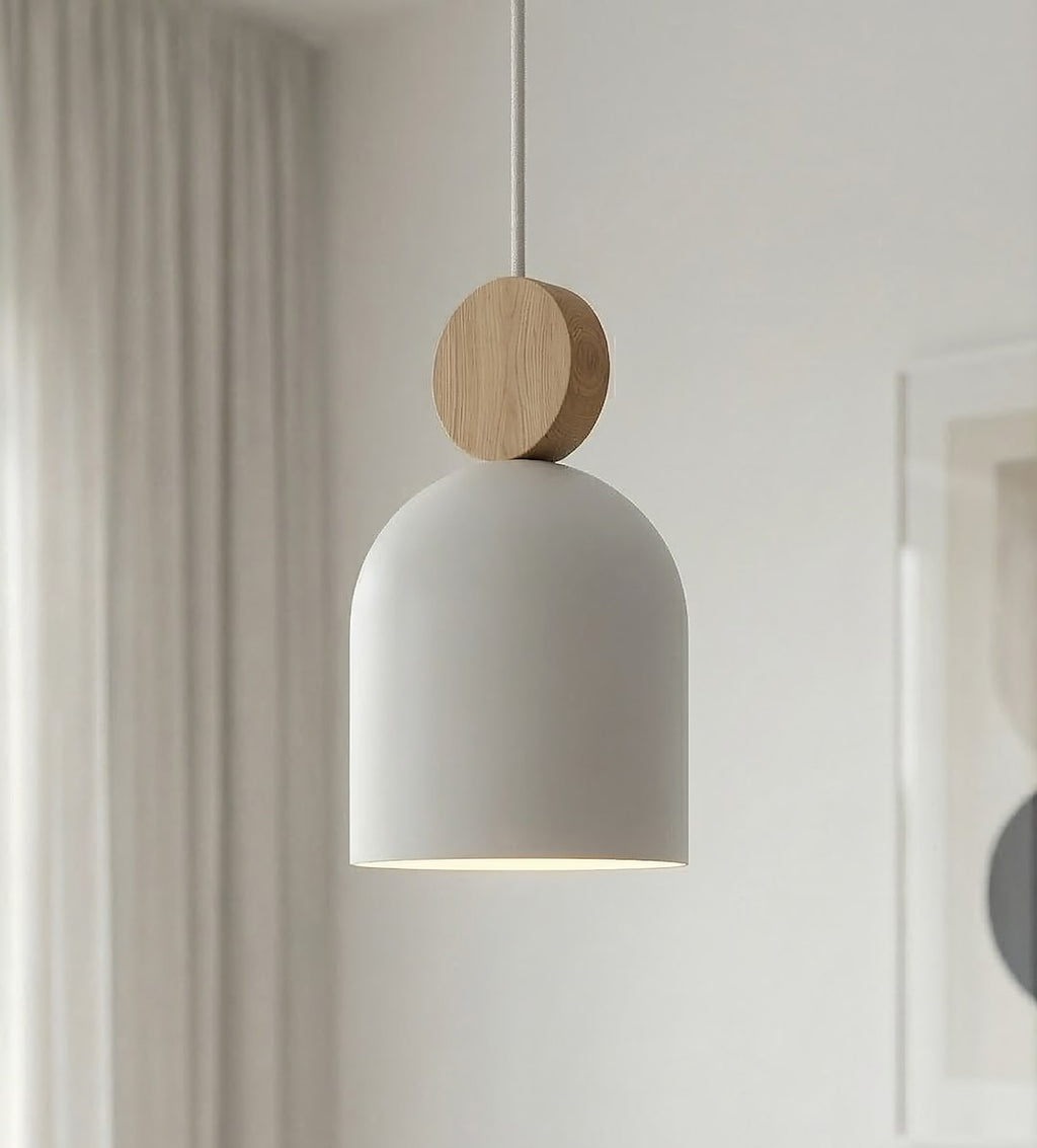 Hanglamp gepoedercoat staal en hout Scandinavisch Mesi wit, Ø 11 cm, voor keuken, gang en slaapkamer