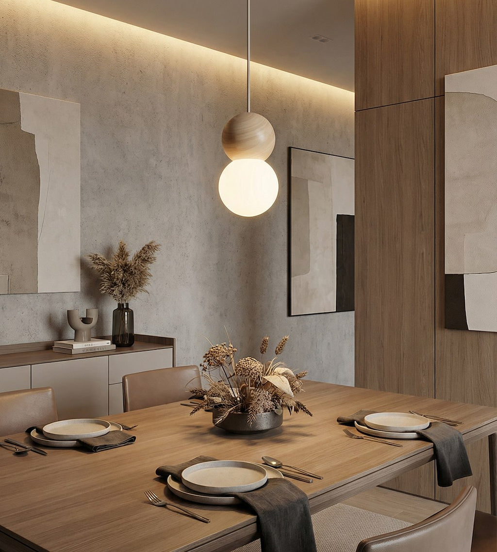 Hanglamp gepoedercoat staal en hout Loop Scandinavisch, beige met witte kap, Ø 10 cm, 1 fitting G9, eettafel of keukeneiland