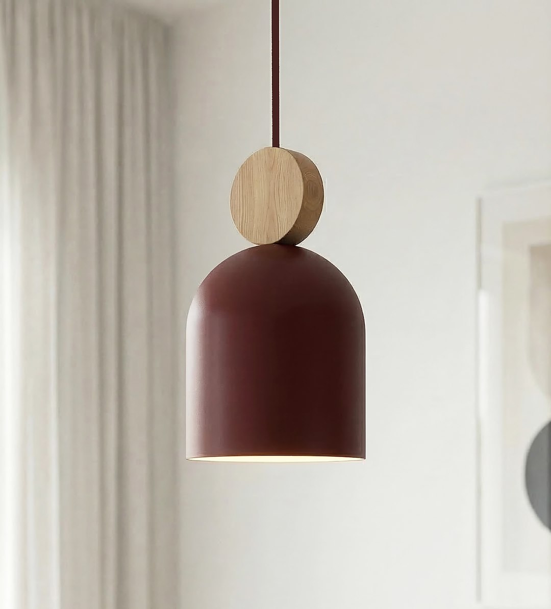 Hanglamp Mesi gepoedercoat staal met hout, Scandinavisch, bordeaux, 11 cm, 1 GU10-fitting, keuken en gang