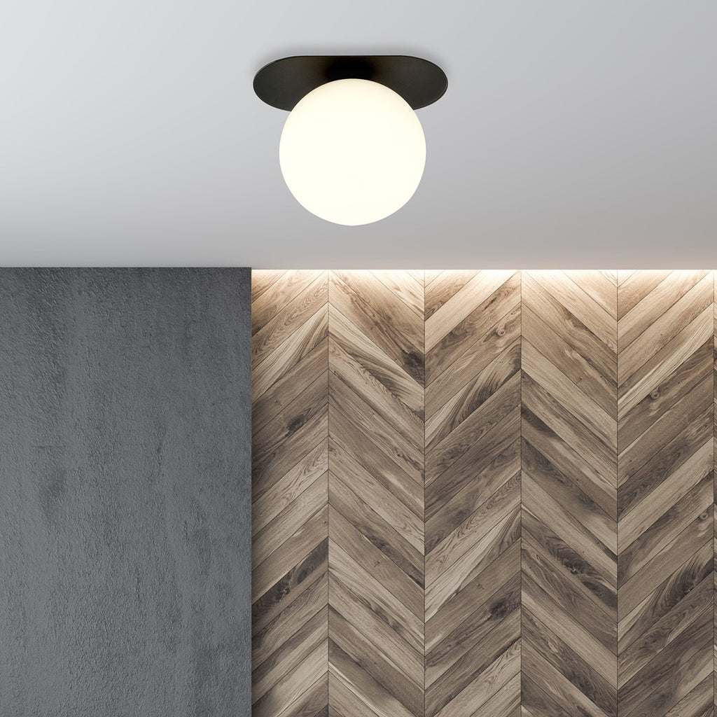 Plafondlamp Plaza gepoedercoat staal en glas, modern, zwart met witte glazen kap Ø 15 cm