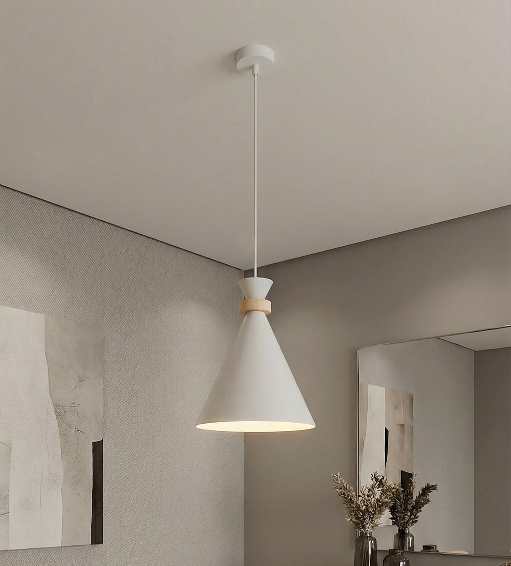 Hanglamp gepoedercoat staal en hout Zero Scandinavisch wit 23 x 23 cm, E27, voor eettafel of kookeiland