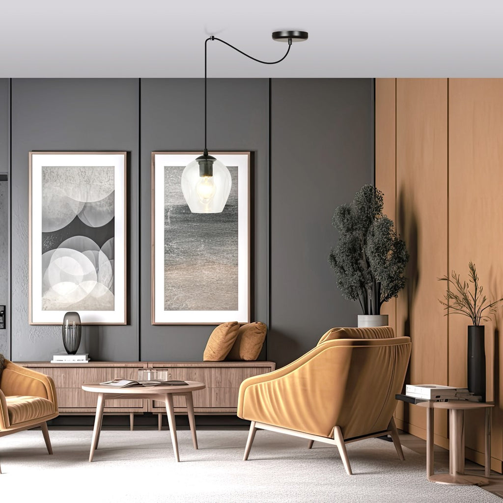 Hanglamp glas en gepoedercoat staal, modern, zwart met transparante kap Ø 14 cm, woonkamer