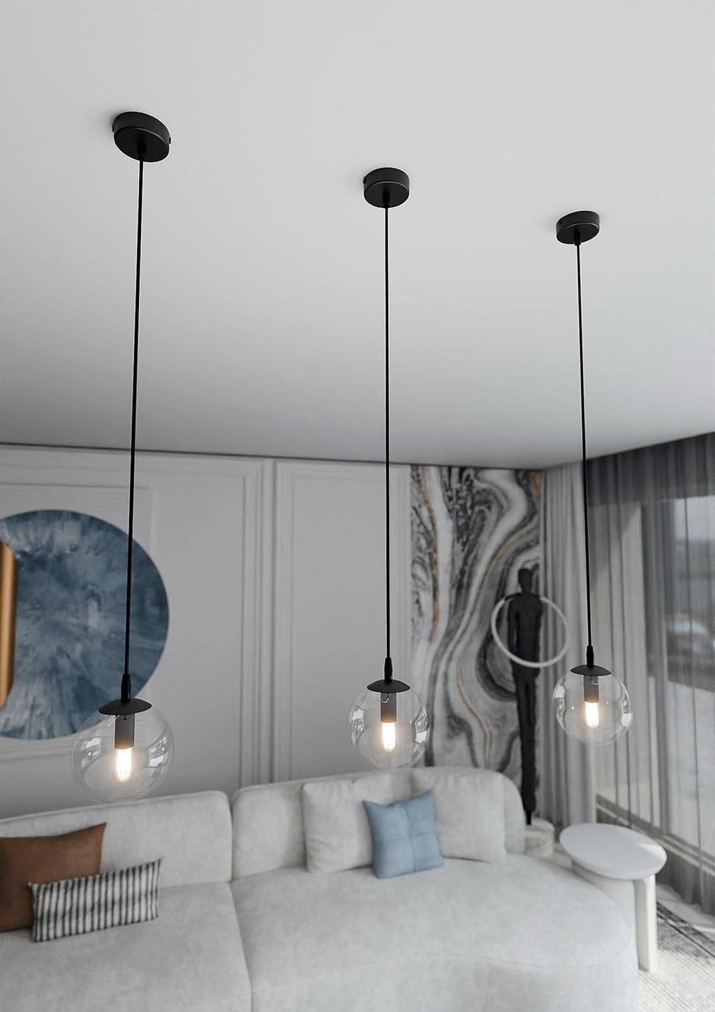 Hanglamp gepoedercoat staal en glas Cosmo, zwart met transparante glazen kap Ø 14 cm, verstelbaar