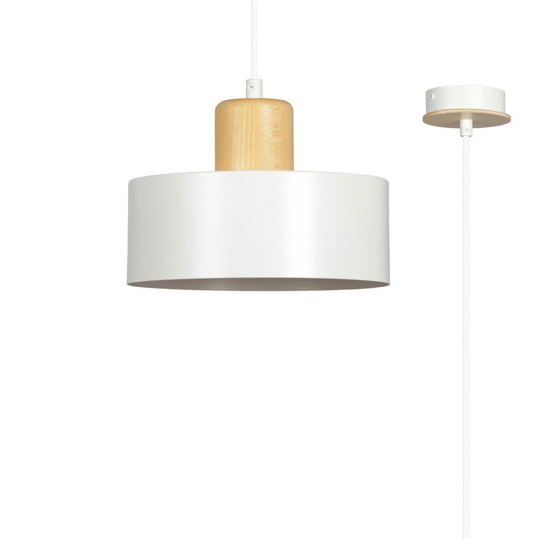 Hanglamp gepoedercoat staal en hout Torin, Scandinavisch, wit, Ø 25 cm, voor woonkamer, keuken of kantoor